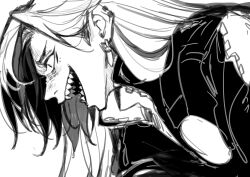  1boy absurdres boothill_(honkai:_star_rail) collared_jacket ear_piercing earrings from_side greyscale hair_behind_ear high_collar highres honkai:_star_rail honkai_(series) jacket jewelry long_hair male_focus mole mole_under_eye monochrome mrsw0911 multicolored_hair multiple_earrings open_mouth piercing profile sharp_teeth simple_background sketch solo teeth unzipped upper_body very_long_hair white_background wide-eyed 