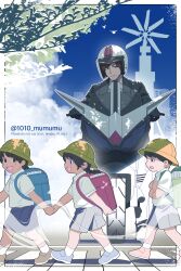  1010_mumumu 1boy 3others :d backpack bag blue_sky border braid branch brown_eyes brown_hair child clouds commentary_request dappled_sunlight hat helmet hidari_shoutarou highres holding_hands kamen_rider kamen_rider_w looking_to_the_side motor_vehicle motorcycle multiple_others on_motorcycle outdoors school_hat school_uniform short_hair sky smile sunlight tokusatsu violet_eyes white_border white_helmet windmill 