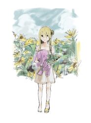  1girl aaanoa black_eyes blonde_hair border closed_mouth commentary dress flower hair_between_eyes hair_bun hair_over_one_eye highres holding holding_flower holding_stuffed_toy invisible_floor light_blush long_hair looking_at_viewer original outside_border shoes single_shoe single_side_bun solo spaghetti_strap straight-on strap_slip stuffed_animal stuffed_rabbit stuffed_toy summer sunflower torn_clothes white_border yellow_shoes 