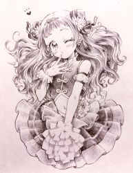  1girl blowing_kiss blush clover commentary_request cone_hair_bun cure_yell double_bun earrings flower four-leaf_clover four-leaf_clover_earrings hair_bun hair_flower hair_ornament heart heart_hair_ornament highres hugtto!_precure jewelry kuzumochi_(hgnon82) layered_skirt long_hair monochrome navel nono_hana o3o one_eye_closed pleated_skirt pom_pom_(cheerleading) precure ribbon_hair short_bangs side_up_bun skirt sleeveless solo thick_eyebrows wavy_hair 