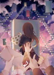  1girl 5others absurdres black_jacket black_skirt bouquet brown_hair clouds cloudy_sky commentary_request door eighth_note falling_petals feet_out_of_frame floating_stairs flower from_behind graduation highres holding holding_bouquet holding_letter jacket letter long_hair long_sleeves loose_hair_strand mint_onyo multiple_others musical_note non-circular_lens_flare open_hand opening_door original petals pleated_skirt reaching reaching_towards_another school_uniform skirt sky thumbs_up v white_flower 