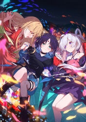  3girls animal_ears black_boots black_choker blonde_hair blue_eyes blue_hoodie blue_nails blush boots brown_eyes chinese_commentary cho_kaguya-hime! choker commentary_request fish flying_fish forehead_jewel fox_ears fox_girl green_eyes grey_thighhighs hair_rings highres hood hood_down hoodie interlocked_fingers japanese_clothes kaguya_(cho_kaguya-hime!) kaguya_(tsukuyomi)_(cho_kaguya-hime!) kimono long_hair multiple_girls nail_polish open_mouth orange_nails pink_hair red_kimono runami_yachiyo runami_yachiyo_(tsukuyomi) sakayori_iroha sakayori_iroha_(tsukuyomi) shide short_hair single_thighhigh thigh-highs twintails violet_eyes white_hair yun_cao_bing yuri 