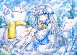  1girl animal_ear_fluff animal_ears blue_eyes blue_skirt boots bow bowtie collared_shirt commentary fox_ears fox_girl fox_tail frilled_skirt frills fur-trimmed_boots fur_trim grey_hair long_hair long_sleeves looking_at_viewer original outdoors sanuo scarf shirt sitting skirt snow snowman solo tail tree untranslatable_commentary very_long_hair white_boots white_shirt wide_sleeves winter yellow_bow yellow_bowtie yellow_scarf 