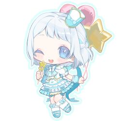  1girl :d ;d aqua_outline balloon ben-day_dots blue_bow blue_bowtie blue_eyes blue_gem blue_hat blue_ribbon blue_shoes blue_skirt blush bow bow_legwear bowtie braid brooch chibi chibi_only commentary_request dot_nose frilled_socks frills full_body gakuen_idolmaster gem grey_hair hair_ribbon half_up_braid hat hat_bow heart_balloon highres holding holding_balloon holding_wand idolmaster jewelry katsuragi_lilja kneehighs layered_skirt looking_at_viewer mini_hat mini_shako_cap multicolored_shirt multicolored_skirt one_eye_closed open_mouth outline ribbon ribbon_in_braid screentones shako_cap shirt shoes short_hair short_sleeves simple_background skirt skirt_bow smile socks solo standing standing_on_one_leg star_balloon star_wand swept_bangs thigh_bow thigh_strap tilted_headwear wand white_background white_bow white_bowtie white_shirt white_skirt white_socks yuusuke_(yyy_xp) 