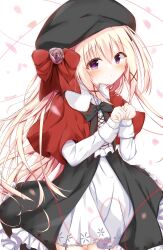  1girl :< absurdres alternate_costume alternate_hair_length_(longer) ayayayu_na beret black_bow black_bowtie black_dress black_hat blonde_hair blush bow bowtie capelet center_frills closed_mouth commentary cowboy_shot dress eyelashes eyes_visible_through_hair falling_petals floating_hair flower frilled_dress frills hair_between_eyes hair_ornament hands_up hat hat_bow hat_flower heart heart_of_string highres light_frown long_hair long_sleeves looking_at_viewer natsume_shizuku paw_pose petals pink_flower pink_rose red_bow red_capelet rose sakura_no_uta sidelocks simple_background solo twitter_username two-tone_dress very_long_hair violet_eyes white_background white_dress x_hair_ornament 