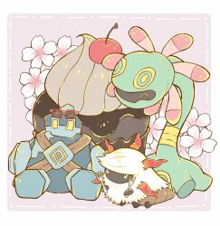  blue_eyes bug commentary cradily cupcake eyewear_on_head flower food fork golett highres larva larvesta no_humans pokemon pokemon_(creature) pokemon_focus sea_anemone sitting sunglasses tentacles untranslatable_commentary waltz_(wal_w_wal) white_fur yellow_eyes 