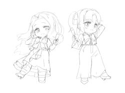  2girls :d ame. blush champagne_flute character_request check_character chibi commentary_request cup drinking_glass forehead greyscale high_heels holding holding_cup kamiina_botan_yoeru_sugata_wa_yuri_no_hana kitamori_yaeka long_hair long_sleeves monochrome multiple_girls one_side_up parted_bangs shirt shoes simple_background sketch skirt smile very_long_hair white_background wide_sleeves yusa_akane 