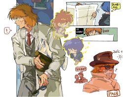 ! 1girl 3boys absurdres ad_(object) amuffinrag blue_background blue_hair bob_cut brown_hat buttons carrying carrying_under_arm chibi chibi_inset closed_eyes coat collared_coat commentary covered_face covered_mouth cowboy_shot disguise dress_shirt english_commentary english_text flying_sweatdrops footprints from_above from_side ghost_in_the_shell green_background grey_coat grey_pants grey_vest hair_between_eyes hat hiding highres holding holding_removed_eyewear holding_unworn_clothes holding_unworn_hat ink_stamp inset_border kusanagi_motoko leaning_forward looking_to_the_side mask mouth_mask multiple_boys multiple_views nape necktie newspaper no_eyes no_mouth open_mouth orange_hair outline outside_border pants portrait red_necktie shirt short_hair_with_long_locks simple_background sound_effects speech_bubble spoken_exclamation_mark straight-on suit_pants sun sunglasses sweatdrop temperature the_ghost_in_the_shell_(2026) thought_bubble togusa_(gits) trench_coat unworn_eyewear unworn_hat unworn_headwear vest white_background white_shirt wolf_cut yellow_outline 