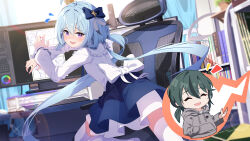  1boy 1girl absurdres blue_bow blue_hair blue_skirt book bookshelf bow chair chinese_commentary closed_eyes commentary_request drawing_tablet flying_sweatdrops green_hair griseo hair_bow hamanashi_(trapiorra) hand_in_pocket highres honkai_(series) honkai_impact_3rd hood hood_down hoodie indoors kosma long_hair long_sleeves monitor nervous nervous_smile nervous_sweating on_chair open_mouth purple_hair second-party_source shirt sitting skirt smile sweat thigh-highs twintails white_shirt white_thighhighs 