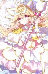  1girl absurdres ametama_(runarunaruta5656) antenna_hair blonde_hair bow brooch capelet closed_mouth commentary_request crossed_bangs cure_arcana dress frilled_capelet frilled_cuffs frills gradient_hair hair_between_eyes hair_intakes heart heart_brooch highres jewelry long_hair looking_at_viewer magical_girl meitantei_precure! moria_luluka multicolored_hair precure shine_arcana_rod smile solo thigh-highs veil very_long_hair white_capelet white_dress white_thighhighs white_veil white_wrist_cuffs winged_heart wrist_cuffs 