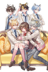  1girl 5boys :d absurdres ahoge animal_ear_fluff animal_ears black-framed_eyewear black_hair blonde_hair blonde_streaks blue_eyes blue_hair blue_necktie bow bowtie brown_hair brown_shoes closed_mouth commentary_request couch crossed_arms crossed_bangs double-parted_bangs full_body glasses green_eyes grey_hair grey_jacket grey_pants grin hair_between_eyes highres jacket kneehighs layered_sleeves lion_boy lion_ears lion_tail loafers long_sleeves looking_at_viewer multicolored_hair multiple_boys necktie one_eye_closed open_clothes open_jacket open_mouth original pants pillow pink_socks plaid_clothes plaid_pants red_bow red_bowtie red_eyes shoes short_hair simple_background sitting smile socks standing streaked_hair suzaku_(zaku6584) tail white_background yellow_eyes 
