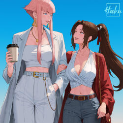  2girls bag breasts brown_hair capcom coffee fatal_frame fatal_fury fatal_fury:_city_of_the_wolves hakuink highres large_breasts manon_legrand multiple_girls non-web_source pink_hair shiranui_mai shoulder_bag snk street_fighter street_fighter_6 the_king_of_fighters yuri 