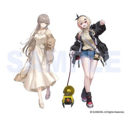  2girls ankle_socks bag banana_(girls'_frontline) belt black_groza_(girls'_frontline_2) black_jacket black_socks blonde_hair blue_shorts bow_hairband braid cardigan clenched_hand commentary_request copyright_notice copyright_request crown_braid dress earrings girls'_frontline_2:_exilium girls_frontline grey_hair hair_ornament hairband handbag high_heels holding holding_leash jacket jewelry leash long_hair m4_sopmod_ii_(girls'_frontline) multicolored_hair multiple_girls necklace official_art open_cardigan open_clothes open_jacket ots-14_(girls'_frontline) outstretched_arm promotional_art re_(re_09) red_eyes red_streaks ro635_(girls'_frontline) robella_(girls'_frontline_2) sample_watermark shorts smile socks soppo_(girls'_frontline_2) streaked_hair stuffed_toy sweater two-tone_hair watermark white_background white_dress yellow_eyes 
