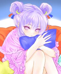  1girl absurdres capelet cococo_art commentary_request crescent crescent_hair_ornament double_bun dress frilled_capelet frilled_sleeves frills hair_bun hair_ornament highres hugging_object long_hair long_sleeves looking_at_viewer patchouli_knowledge pillow pillow_hug pink_capelet pink_dress purple_hair sitting solo touhou violet_eyes wide_sleeves 