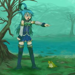  1boy angry aqua_(konosuba) blue_eyes blue_hair blue_skirt boots commentary detached_sleeves english_commentary frog genderswap genderswap_(mtf) hair_ornament highres julioneme kono_subarashii_sekai_ni_shukufuku_wo! long_hair open_mouth ribbon skirt trap wetland 