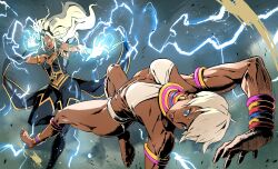  2girls capcom dark-skinned_female dark_skin elena_(street_fighter) heyjay highres lightning marvel marvel_vs._capcom multiple_girls storm_(x-men) street_fighter street_fighter_iii_(series) white_hair x-men x-men_vs._street_fighter 
