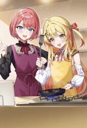  2girls :d apron black_shirt blonde_hair blue_eyes cooking frying_pan hair_ornament hair_ribbon highres holding holding_frying_pan holding_spatula hololive hololive_dev_is long_hair multiple_girls musical_note musical_note_hair_ornament neck_ribbon official_alternate_costume one_side_up open_mouth orange_hair otonose_kanade otonose_kanade_(1st_costume) pink_hair purple_apron red_ribbon ribbon shirt short_hair smile spatula takane_lui takane_lui_(casual) yellow_apron yoshidadon 
