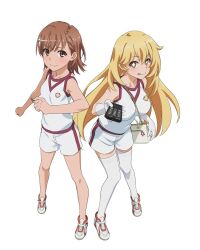  2girls :q artist_request bag blonde_hair breasts brown_eyes brown_hair chain chain_between_breasts closed_mouth coin collarbone commentary_request controller emblem flower_hairclip from_above full_body gloves gym_shirt gym_shorts gym_uniform hair_between_eyes hair_ornament hairclip handbag holding holding_coin holding_controller holding_remote_control large_breasts leaning_forward light_blush long_hair looking_at_viewer medium_hair merchandise_available misaka_mikoto multiple_girls official_alternate_costume official_art orange_shoes pointing pointing_at_viewer red_trim remote_control school_emblem second-party_source shirt shoes shokuhou_misaki shorts simple_background sleeveless sleeveless_shirt small_breasts smile sparkling_eyes spider_web_print standing star-shaped_pupils star_(symbol) symbol-shaped_pupils thigh-highs toaru_kagaku_no_railgun toaru_kagaku_no_railgun_t toaru_majutsu_no_index tokiwadai_school_gym_uniform tongue tongue_out under-elbow_gloves very_long_hair white_background white_bag white_gloves white_shirt white_shoes white_shorts white_thighhighs yellow_eyes 