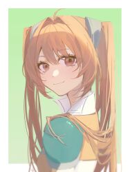  1girl ahoge armor border brown_hair closed_mouth commentary eiyuu_densetsu english_commentary estelle_bright from_side gradient_background green_background hair_intakes high_collar highres jacket light_smile long_hair looking_at_viewer outside_border pauldrons qian_ko red_eyes shoulder_armor sidelocks simple_background single_pauldron solo sora_no_kiseki turning_head twintails upper_body white_border 