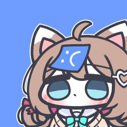  1girl absurdres animal_ears aqua_bow aqua_bowtie aqua_sailor_collar blue_background blue_eyes bow bowtie brown_hair cardigan cat_ears cat_girl character_request closed_mouth copyright_request frown hair_between_eyes hair_ornament highres looking_at_viewer miyaoo1224 o_o open_cardigan open_clothes sailor_collar shirt simple_background solo upper_body white_shirt 