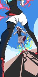 2girls aqua_hair battle beatspell blue_hair commentary_request dark_skin duel fire gloves highres kyokugen3309 leggings long_hair multiple_girls narra_(beatspell) pantyhose pantyhose_under_shorts pleated_skirt possessed rhythm_tengoku rhythm_tengoku_miracle_stars shorts skirt sky standing white_gloves white_hair white_shorts white_skirt yu_(beatspell) 