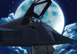  ahoge black_gloves black_hair black_pantyhose black_shirt clouds commentary_request contrast_collar crossed_bangs ear_ornament ear_tag earrings f-117_nighthawk full_moon gloves hair_over_one_eye highres jewelry long_sleeves manhattan_cafe_(creeping_shadow)_(umamusume) manhattan_cafe_(umamusume) military_vehicle moon multicolored_hair necktie pantyhose rascal-teitoku shirt shoes single_earring umamusume watermark white_hair white_shoes yellow_eyes yellow_necktie 
