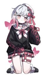  1girl absurdres beret black_choker black_shirt black_shoes boots bug butterfly choker closed_mouth commentary_request flower full_body gradient_hair hair_flower hair_ornament hat hat_flower hat_ribbon highres kneeling lace-up_boots long_sleeves looking_at_viewer loose_socks mahou_shoujo_no_majo_saiban multicolored_hair o-ring o-ring_choker o-ring_thigh_strap official_alternate_costume pink-tinted_eyewear pink_eyes pink_hair plaid_clothes plaid_skirt pleated_skirt red_butterfly ribbon sakuraba_ema shirt shoes short_hair simple_background skirt smile socks solo tama_sakura thigh_strap tinted_eyewear v white_background white_flower white_hair white_hat white_socks x_hair_ornament 