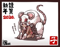  1girl 2020 :< animal_ears artist_name bare_shoulders black_border border chinese_zodiac commentary_request grey_hair highres kato_takuji looking_at_viewer mouse_(animal) mouse_ears original red_eyes simple_background solo white_background year_of_the_rat 