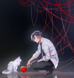  1boy black_hair black_pants black_shoes bound cat han_jumin kneeling looking_down necktie pants shoes short_hair staring string string_around_finger susanghan_messenger tied_up_(nonsexual) white_cat yarn yarn_ball 