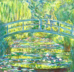  1girl absurdres animal_ears bird blonde_hair blue_archive bridge claude_monet_(style) commentary dress fine_art_parody fox_ears fox_girl hand_up highres impressionism le_bassin_aux_nympheas long_hair on_bridge outdoors parody railing river seia_(blue_archive) sleeves_past_fingers sleeves_past_wrists solo white_dress wide_shot willow yubanayuna 