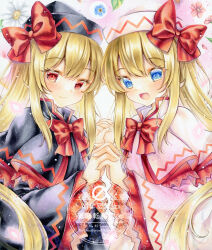  2girls :d black_capelet black_dress black_hat blonde_hair blue_eyes blue_flower blush bow bowtie capelet closed_mouth commentary_request dress dual_persona fairy fairy_wings flower flower_request hat hat_bow highres holding_hands interlocked_fingers lily_black lily_white long_sleeves looking_at_viewer multiple_girls nekofish666 open_mouth pink_flower red_bow red_bowtie smile touhou traditional_media watermark white_capelet white_dress white_flower white_hat wide_sleeves wings 