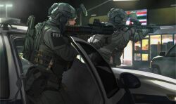  1boy 1other 7-eleven aiming ammunition ammunition_pouch ar-15 assault_rifle backpack bag black_gloves bulletproof_vest bullpup car closed_mouth combat_helmet convenience_store cowboy_shot dark_skin eotech fbi from_side glock gloves goggles grey_jacket grey_pants gun handgun headset helmet highres holding holding_weapon holster jacket kel-tec_ksg lamppost lossy-lossless male_focus maxturbo69 military motor_vehicle night night_vision_device original pants pouch pump_action rifle scope shop shotgun shotgun_shell solo_focus stitched supermarket tactical_clothes tactical_gloves third-party_source weapon white_hair 