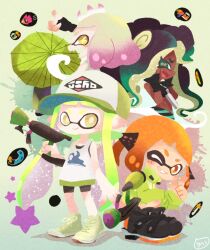  5girls bike_shorts black_gloves black_hair black_shoes blonde_hair commentary_request dark-skinned_female dark_skin fingerless_gloves gloves grin gun holding holding_gun holding_weapon inkling inkling_girl inkling_player_character long_hair marie_(splatoon) marina_(splatoon) multiple_girls octoling one_eye_closed open_mouth orange_hair pearl_(splatoon) shoes smile splatoon_(series) splatoon_2 tank_top tentacle_hair weapon weapon_request white_tank_top yoshishi_(yosisitoho) 