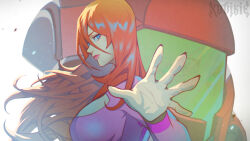  1girl artist_name blue_eyes breasts closed_mouth commentary english_commentary floating_hair green_assault_visor hair_between_eyes highres justin_bailey long_hair metroid metroid_(classic) mixed-language_commentary mole mole_under_mouth orange_hair power_suit_(metroid) samus_aran solo xuuikie_ashe zero_suit 