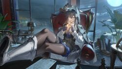  1girl absurdres animal_ear_fluff animal_ears arknights black_hair black_pantyhose black_vest blue_gloves book boots chessboard chinese_commentary cigarette cityscape clouds coat coat_on_shoulders commentary commentary_request couch crossed_ankles desk feet_on_table fingerless_gloves foreshortening full_body full_moon gloves highres holding holding_lighter indoors knight_fault lamp lighter lighting_cigarette looking_at_viewer moon mouth_hold newspaper night on_couch overcoat pantyhose pantyhose_under_shorts plant potted_plant shirt shorts sitting smoking solo table tail texas_(arknights) texas_the_omertosa_(arknights) thigh_strap vest white_shirt window wolf_ears wolf_girl wolf_tail 