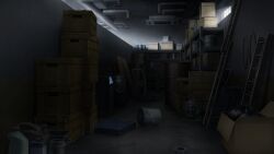  3d bottle box bucket cardboard_box crate dark day game_asset hentai_prison highres indoors industrial_pipe ladder mikago_kotaro no_humans non-web_source official_art scenery self-datamine shelf sunlight variant_set visual_novel_cg window 