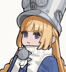 1girl animated animated_gif anya's_heh_face_(meme) bangs blonde_hair blue_eyes blue_shirt blunt_bangs gif grin long_hair long_sleeves meme norma_hollowell sidelocks simple_background sleeves smile tagme white_background zenless_zone_zero