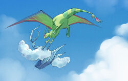  altaria blue_sky clouds day eye_contact flygon gallowsc highres holding_hands looking_at_another no_humans open_mouth outdoors pokemon pokemon_(creature) pokemon_focus sky 