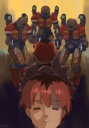  2boys =_= aiming_at_another alien arbiter armor asymmetrical_armor black_shirt closed_mouth dated dual_wielding east-west_crossover energy_gun halo_(series) halo_2 highres holding holding_energy_gun holding_weapon hologram jetpack kanokoga multiple_boys orange-tinted_eyewear orange_armor plasma_rifle red_armor red_hair scene_reference science_fiction sesa'refumee shirt short_hair signature silver_armor sousou_no_frieren stark_(sousou_no_frieren) tinted_eyewear weapon 