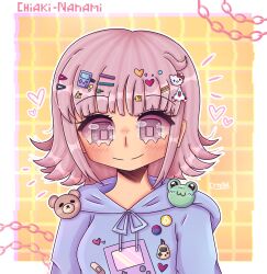  1girl ?_block alternate_costume amyaniii artist_name badge bandaid bisexual_flag bisexual_flag_pin blue_hoodie blush border button_badge chain character_hair_ornament character_name closed_mouth colored_sclera commentary danganronpa_(series) danganronpa_2:_goodbye_despair decora eyelashes grid grid_background hair_ornament hairclip heart heart_hair_ornament heart_in_eye hello_kitty hello_kitty_(character) highres hood hood_down hoodie multiple_hairclips nanami_chiaki notice_lines outline parallel_hairclips pink_hair pink_pupils pink_sclera portrait rectangular_eyes rectangular_pupils sanrio short_hair smile solo split_mouth star_(symbol) star_in_eye super_mario_bros. symbol_in_eye the_legend_of_zelda too_many_hair_ornaments triforce violet_eyes white_background white_border white_outline yellow_background 