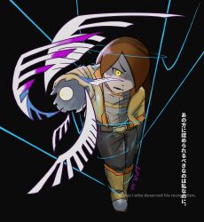  1girl aiming aiming_at_viewer belt black_background boots brown_hair commentary_request galeem glowing glowing_eye hair_over_one_eye highres jacket male_focus mii_(nintendo) mii_gunner mii_gunner_(smash_ultimate) pants possessed puppet remda_4m restrained shirt simple_background solo string striped_clothes striped_shirt super_smash_bros. yellow_eyes 