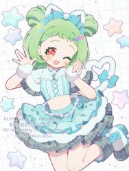  1girl :d ;d animal_ears blue_bow blue_shirt blue_skirt bow cat_ears cat_tail colored_eyelashes commentary crop_top double_bun fake_animal_ears fake_tail flat_chest footwear_bow frilled_skirt frilled_sleeves frills fur-trimmed_sleeves fur_trim fur_wrist_cuffs green_hair hair_bow hair_bun hands_up haru_(haru1bc6c4) highres layered_skirt looking_at_viewer medium_hair midriff navel one_eye_closed onegai_aipri open_mouth pretty_series red_eyes shirt shoes short_bangs skirt smile solo tail tail_bow tail_ornament tomosaka_gumi untranslatable_commentary white_shoes white_wrist_cuffs wrist_cuffs 