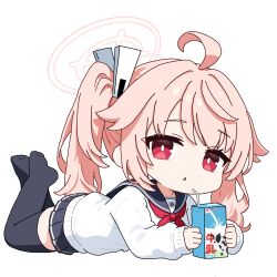  1girl ahoge black_sailor_collar black_thighhighs blue_archive cardigan chibi chibi_only chinese_commentary commentary_request drink_carton full_body halo highres holding holding_drink_carton logo_print long_hair long_sleeves lying milk_carton natsu_(blue_archive) neckerchief on_stomach pink_hair pink_halo pleated_skirt red_eyes red_neckerchief sailor_collar school_uniform shirt side_ponytail skirt solo thigh-highs white_background white_cardigan yunoki1 