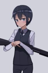  1girl absurdres akts625 black_hair black_necktie black_pants black_vest blue_eyes breasts collared_shirt commentary double-parted_bangs english_commentary grey_background gun highres holding holding_gun holding_weapon kino_(kino_no_tabi) kino_no_tabi light_blush long_sleeves looking_at_viewer necktie pants pump_action shirt shotgun simple_background small_breasts solo vest weapon white_shirt 