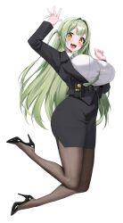  1girl :d arm_up black_jacket black_shoes black_skirt blush breasts brown_pantyhose collared_shirt commentary full_body green_hair green_necktie hand_up high_heels highres horegi huge_breasts jacket long_hair long_sleeves looking_at_viewer necktie office_lady open_mouth original pantyhose pencil_skirt shirt shoes simple_background skirt smile solo untranslatable_commentary white_background white_shirt yellow_eyes 
