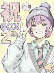  1girl amate_yuzuriha aqua_eyes beanie commentary_request conch_(gundam) diagonal-striped_clothes diagonal-striped_necktie earrings grey_sweater gundam gundam_gquuuuuux haro hat hatching_(texture) highres jewelry light_blush necktie non-humanoid_robot pink_hair purple_hair robot short_hair sleeves_past_wrists smile solo striped_clothes striped_necktie stud_earrings sweater tanukichi_mingo translation_request upper_body v 