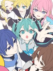  2boys 4girls :o absurdres aqua_eyes aqua_hair arm_up balloon bare_shoulders belt black_choker black_leg_warmers black_shirt black_shorts black_sleeves blonde_hair blue_bow blue_eyes blue_hair blue_nails blue_necktie blue_scarf blush boots bow box breasts brother_and_sister brown_eyes brown_hair choker closed_eyes closed_mouth collarbone collared_shirt commentary_request cup detached_sleeves drinking_glass envelope everyone fingernails gift gift_box grey_shirt hair_between_eyes hair_ornament hair_ribbon hairclip half-closed_eyes happy hatsune_miku headphones high_ponytail highres holding holding_balloon holding_box holding_cup holding_envelope jacket kagamine_len kagamine_rin kaito_(vocaloid) leg_warmers licking_lips long_hair long_sleeves looking_at_another looking_back looking_up medium_breasts megurine_luka meiko_(vocaloid) multiple_boys multiple_girls nail_polish necktie open_clothes open_jacket open_mouth orange_belt pink_hair ponytail puffy_short_sleeves puffy_sleeves red_nails red_tank_top ribbon sailor_collar scarf shirt short_hair short_ponytail short_sleeves shorts siblings simple_background sleeveless sleeveless_shirt smile sweatdrop tank_top teeth tongue tongue_out tono_kabeuchi turtleneck turtleneck_shirt twins twintails unfinished very_long_hair violet_eyes vocaloid white_background white_boots white_jacket white_ribbon white_shirt wide_sleeves 