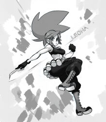  1girl alex_ahad ammunition_belt bare_shoulders boots breasts character_name clenched_hand combat_boots commentary crop_top english_commentary full_body gloves greyscale leona_heidern midriff monochrome ponytail sleeveless soldier solo spiky_hair tank_top the_king_of_fighters the_king_of_fighters_xiii 