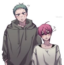  2boys ? ?? alien_stage black_eyes green_eyes grey_hair grey_hoodie head_tilt highres hood hoodie mizukke multiple_boys pink-haired_child_(alien_stage) pink_hair red_pupils small_sweatdrop till_(alien_stage) 