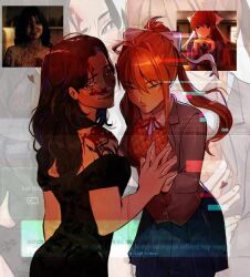2girls bangs black_dress blazer blood blood_on_face blue_skirt brown_hair collared_shirt crossover doki_doki_literature_club fanart fingers_together glare glitch green_eyes head_bow heart horror_(theme) long_hair looking_back medium_breasts medium_hair middle_part monika_(doki_doki_literature_club) nikki_(obsession) nikki_freeman obsession_(movie) off-shoulder_dress off_shoulder orange_hair orange_vest photo-referenced ponytail red_bow school_uniform skin_tight smile tattoo terrenceose wavy_hair white_bow yandere